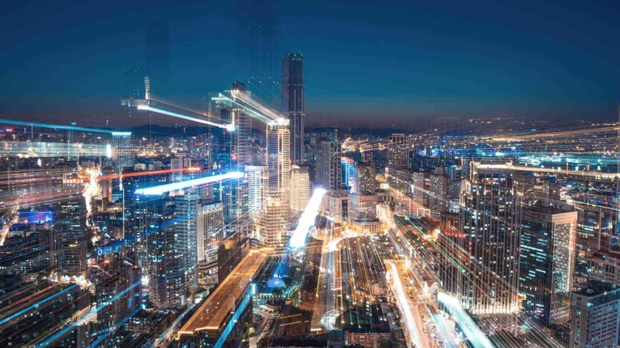 Aerial view of city at night
